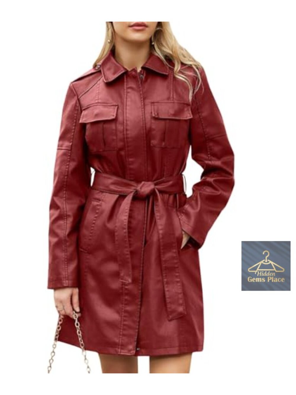 Faux PU Leather Belted Trench Coat Long Sleeve Zip Up Lapel Overcoat